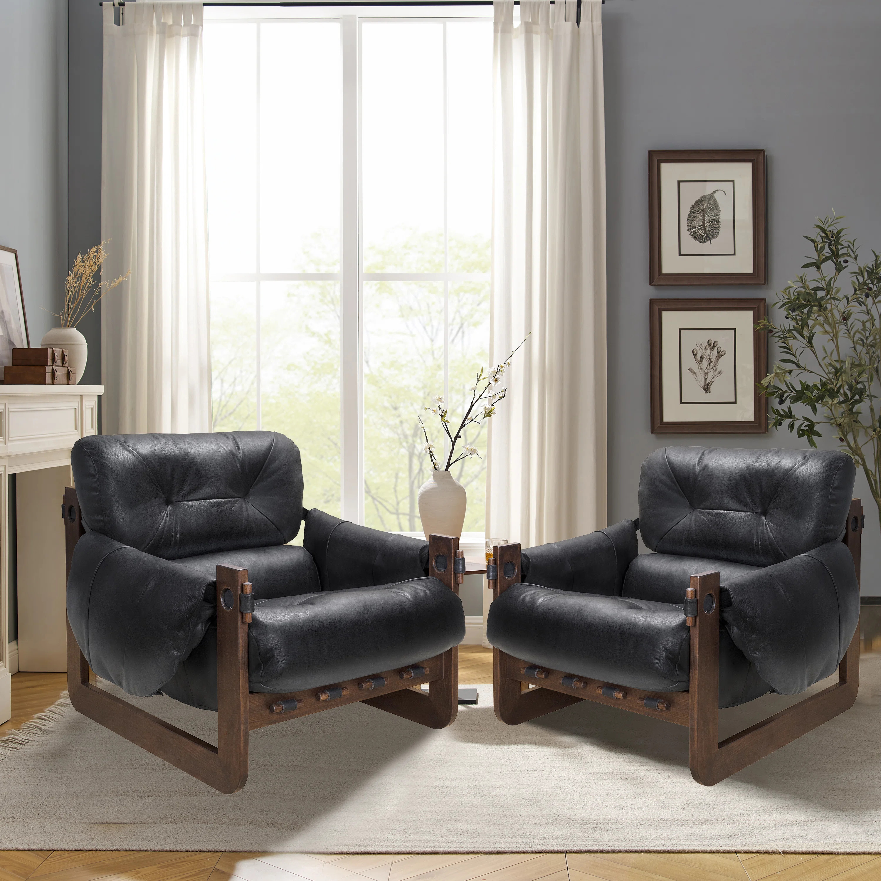 Esmiralda 35.83'' W Full-grain Genuine Leather Accent Lounge Armchair with Ash Wood Frame (Set of... | Wayfair North America