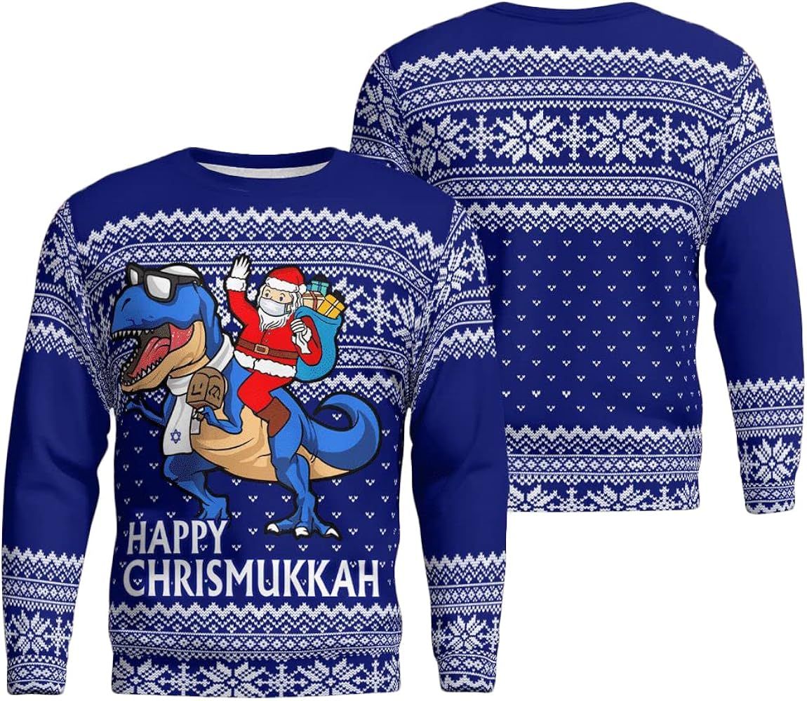 Happy Christmukkah Christmas Blue Ugly Christmas Sweater Pullover Long Sleeve Sweatshirt for Men ... | Amazon (US)