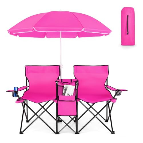 COSTWAY Double Portable Picnic Chairs, Folding Camping Chairs w/Detachable Umbrella, Cooler Bag, Cup Holders, Patio Beach Camping Chairs for Outdoors, Pink | Amazon (US)