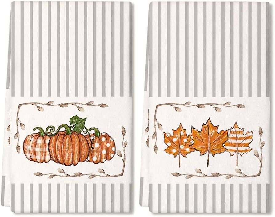 ARKENY Fall Kitchen Towels Set of 2,Orange Pumpkin Maple Autumn Dish Towels 18x26 Inch Drying Dis... | Amazon (US)