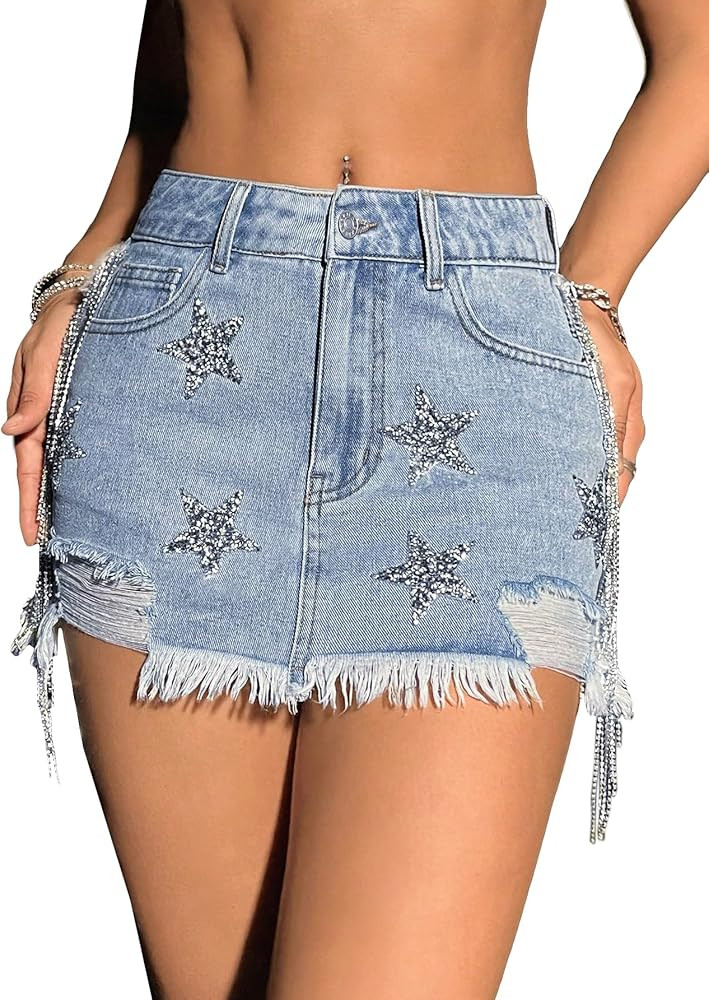 SHENHE Women's Distressed Low Rise Star Print Fringe Frayed Hem Y2k Denim Mini Skirt | Amazon (US)
