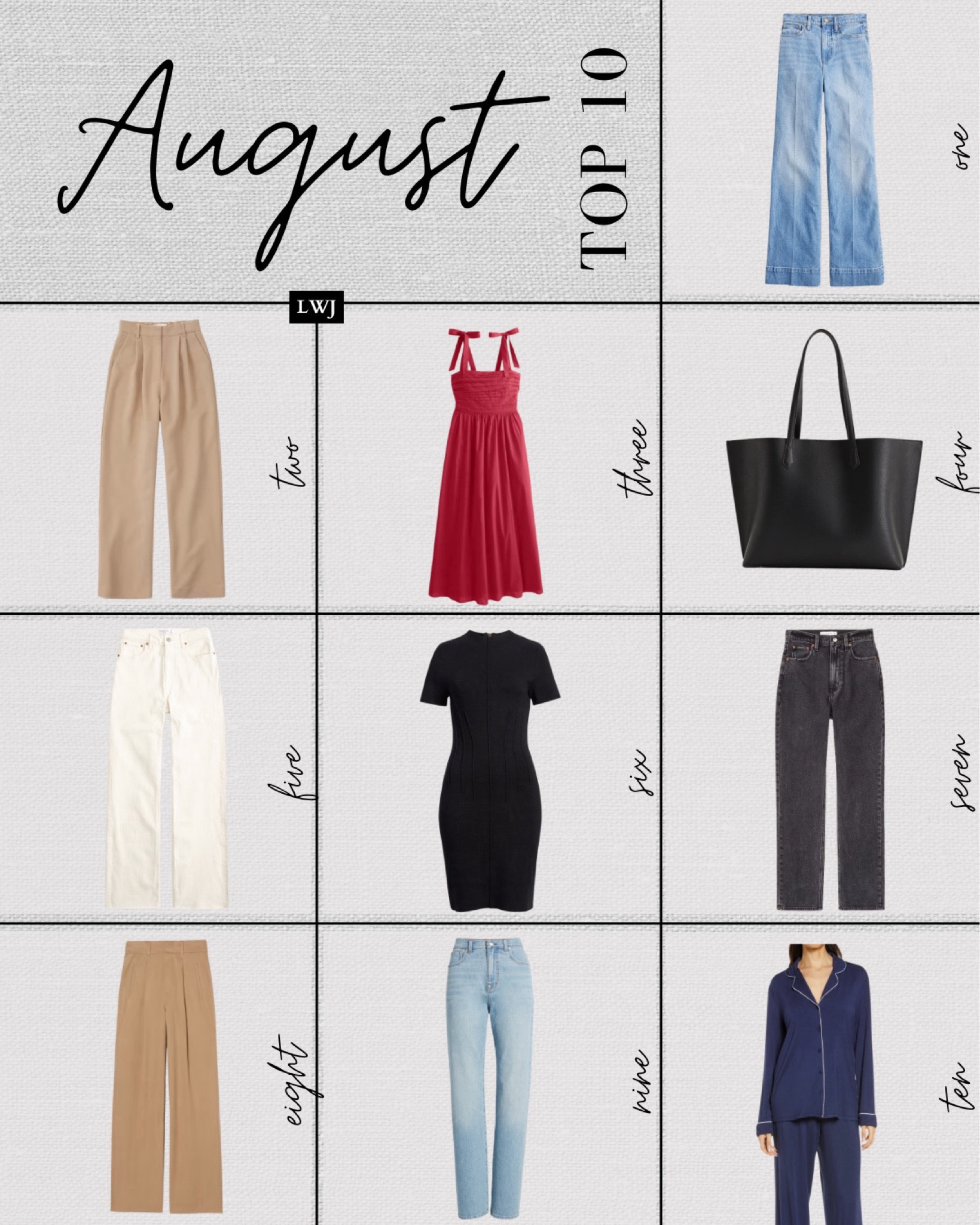 August top 10 bestsellers 

1. Jcrew denim trousers - classic wide leg work jeans, still on sale 
2. Abercrombie Sloane tailored pants - a continued bestseller
3. Abercrombie Emerson tie-strap maxi dress - lasted me throughout my pregnancy, available in two other colors 
4. Quince leather tote bag - nearly identical to my Tory Burch tote, but for half the price! 
5. Abercrombie 90s relaxed jeans - available in multiple washes + inseams, under $100
6. Eliza j pin tuck dress - lbd for work, available in 2 colors 
7. Abercrombie ankle straight jeans - love this as a transitional summer to fall jean, available in multiple washes + inseams, under $100 
8. Everlane hi-drape pant - elevated workwear pant 
9. Madewell the 90s straight jeans - I recently saw they restocked it in a similar wash from last year! 
10. Nordstrom pajamas - my favorite + most comfy pajamas, I recommend it for pre/post pregnancy 

#LTKSeasonal #LTKWorkwear