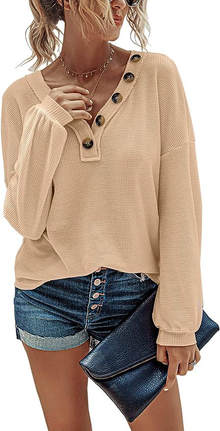 CinShein Women's Waffle Long Sleeve T Shirt V Neck Tunic Tops Knit Button Up Casual Fall Loose Bl... | Amazon (US)