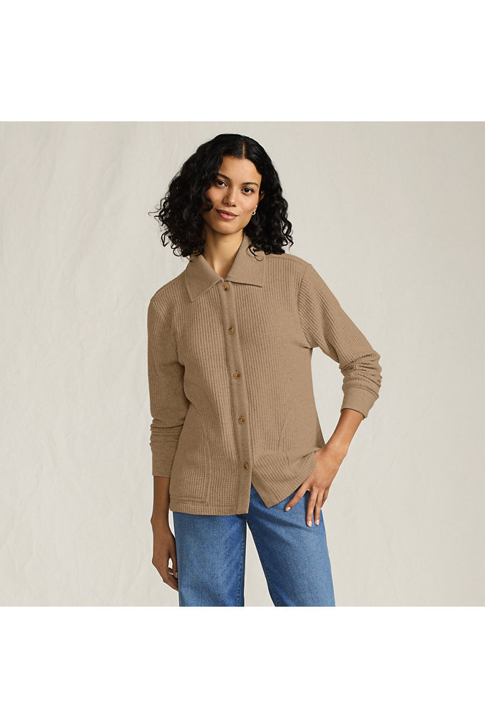 Women's Long Sleeve Waffle Collared Shacket - Lands' End - Brown - L | Lands' End (US)