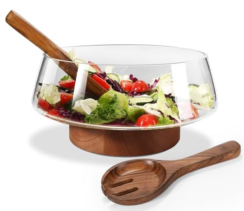 Airsent Glass Salad Bowl Set with Wood Base Servers, Extra Large Hand Blown Salad Bowls Kitchen Must Haves, Big Serving Bowl Elegance Trifle Bowl Glass, Wooden Kitchen Utensils for Party | Amazon (US)