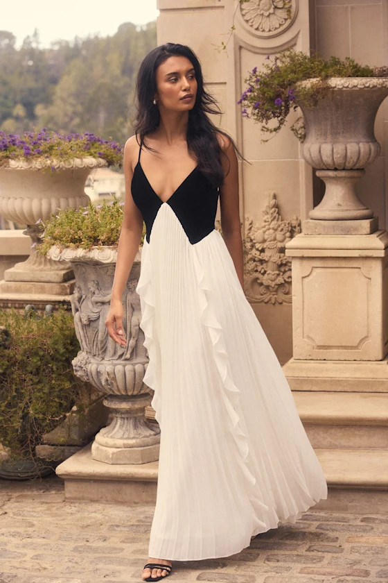 Envied Glamour Black and White Pleated Backless Maxi Dress | Lulus