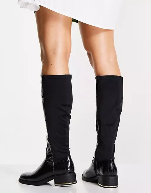 New Look stretch back knee high flat boot in black croc | ASOS (Global)