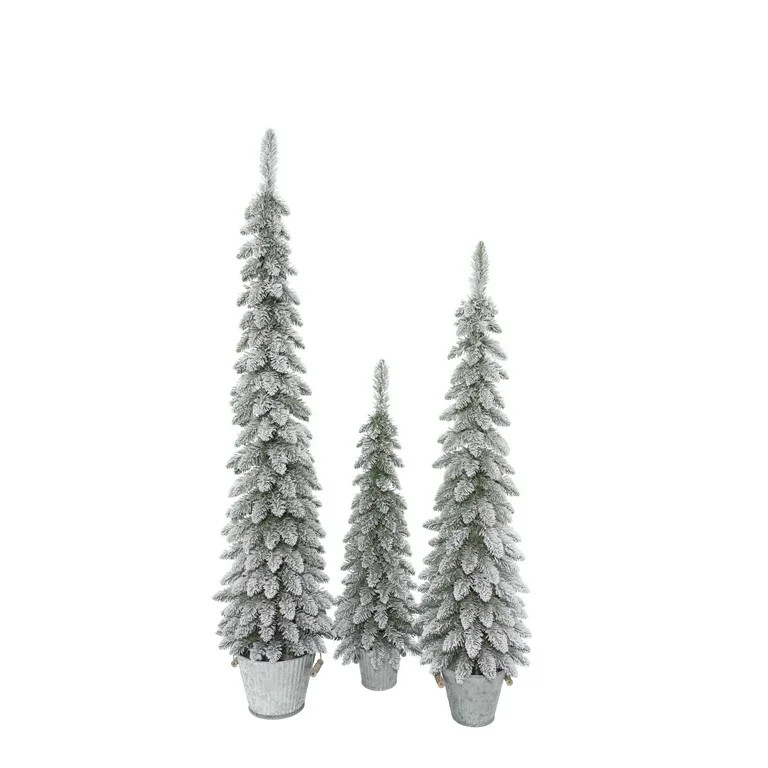 Artificial Flocked Christmas Trees with Decorative Galvanized Pots, 3 ft/4 ft/5ft, Set of 3, by H... | Walmart (US)