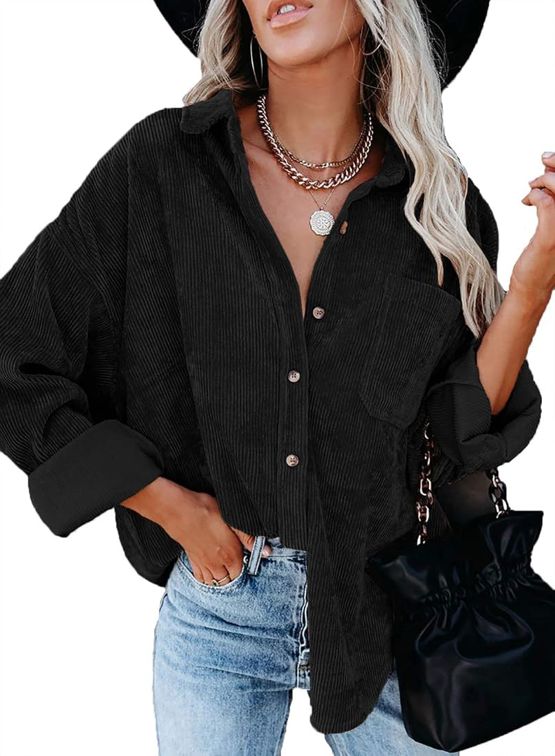 Sidefeel Women Corduroy Long Sleeve Button Down Shirt Oversized Jacket Tops | Amazon (US)
