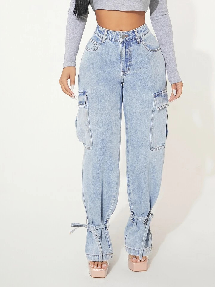 SHEIN SXY Flap Pocket Knot Detail Cargo Jeans | SHEIN