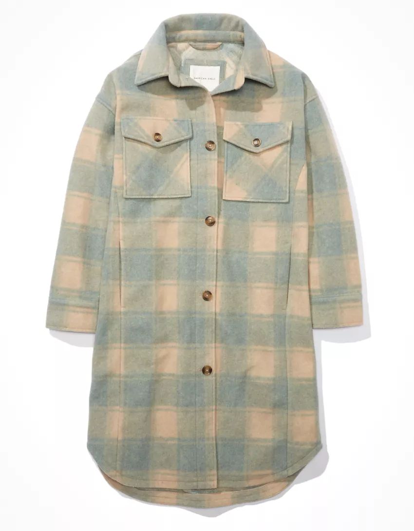 AE Plaid Faux Wool Long Shacket | American Eagle Outfitters (US & CA)