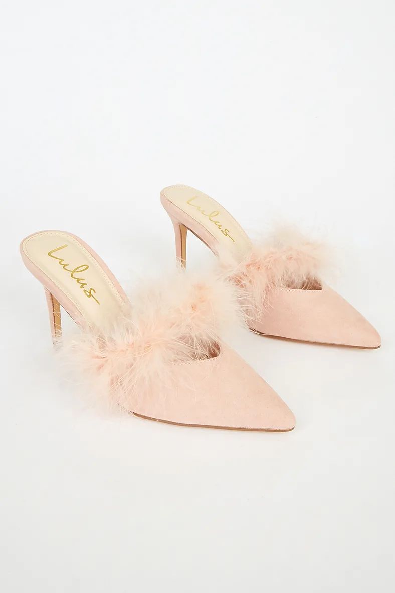 Fazal Blush Suede Feather Pointed-Toe Mules | Lulus (US)