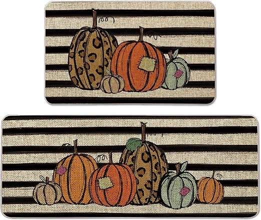 Atoid Mode Watercolor Stripes Pumpkin Decorative Kitchen Mats Set of 2, Home Seasonal Fall Holida... | Amazon (US)