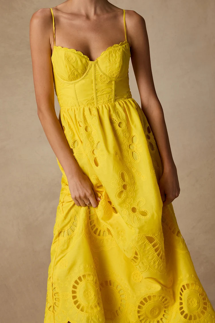 Jenora Yellow Embroidered Bustier Midi Dress | Lulus