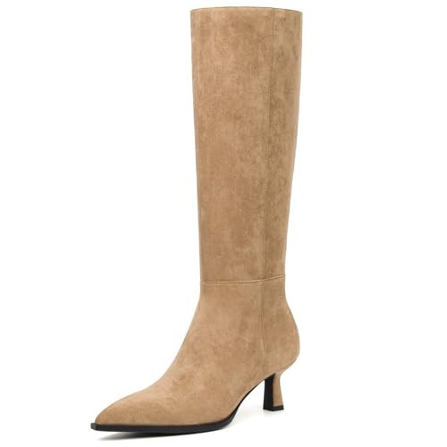 SUIARA Tan Knee High Boots Women Kitten Heel Pointed Toe Faux Suede Leather Side Zipper Comfortable Stiletto Long Tall Dress Boots | Amazon (US)