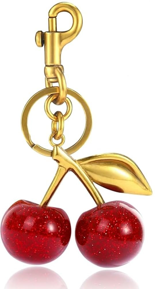 Glitter Cherry Keychain Cherry Bag Charm 18K Gold Plated Charms Purse Keychain Car Cherries Acces... | Amazon (US)