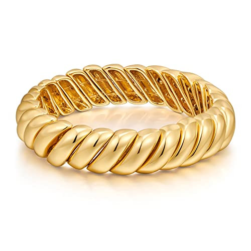 FAMARINE 14K Gold Plated Chunky Bangle Bracelet, Stretchable Elastic Bracelet for Women Men | Amazon (US)