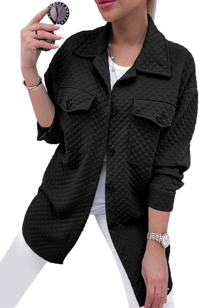 PRETTYGARDEN Women's 2022 Winter Quilted Jackets Lapel Coat Outerwear Casual Long Sleeve Button Down | Amazon (US)