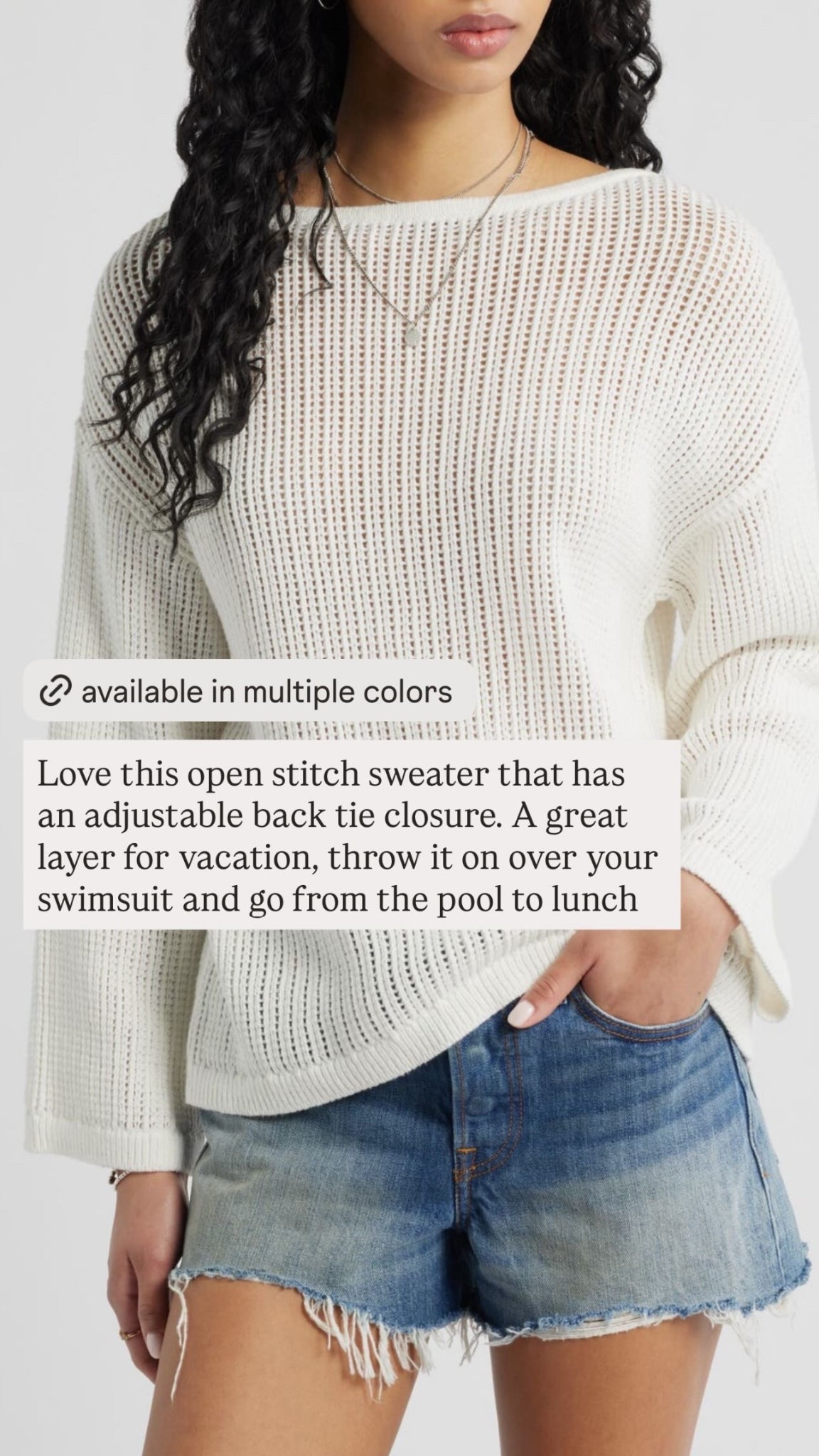 Love this open stitch sweater that has an adjustable back tie closure. A great layer for vacation, throw it on over your swimsuit and go from the pool to lunch

#LTKootd #LTKOver40 #LTKgrwm