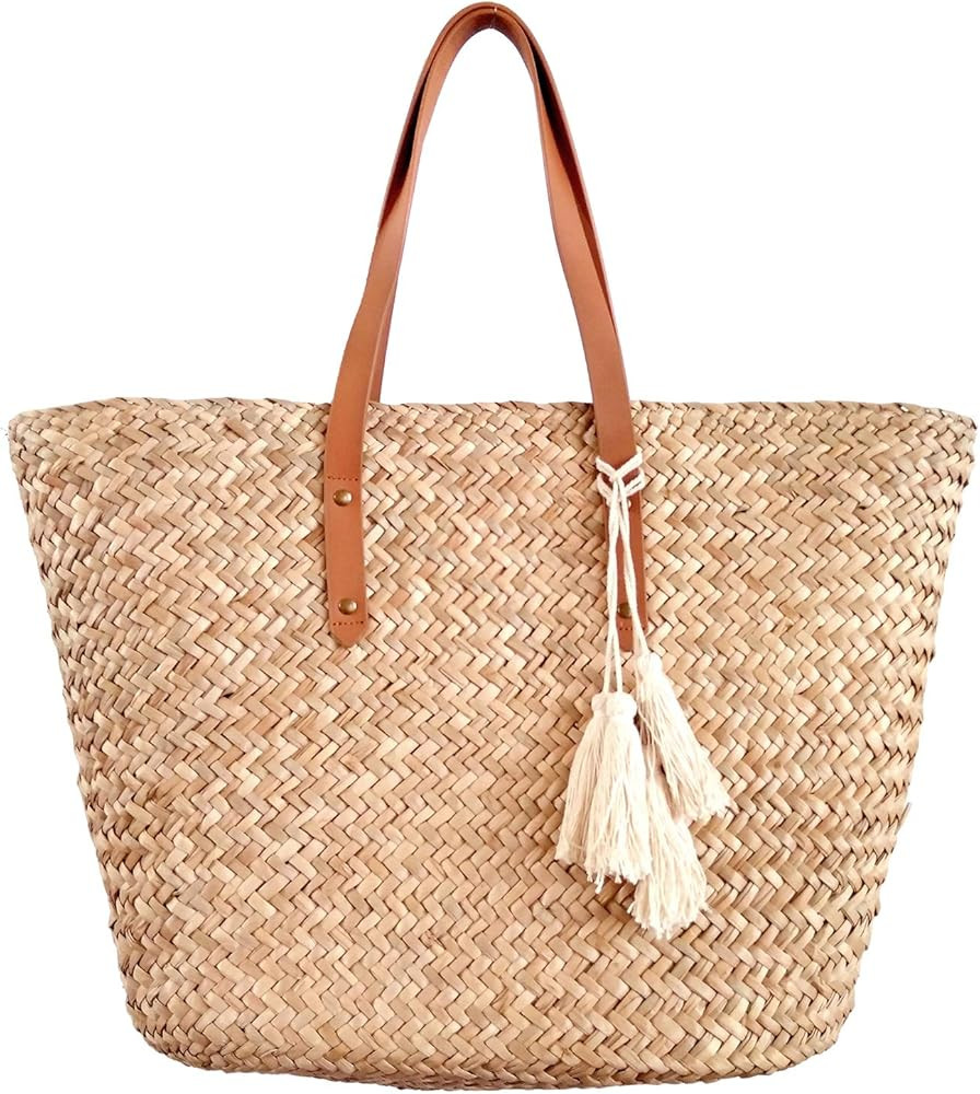 Straw Beach Tote Shoulder Bag Womens Large - Washable Lining Leather handle BEACH'D | Amazon (US)