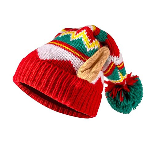 Giggling Getup Adult Knit Christmas Hat Beanie Hat with Pom Poms, Christmas Knitted Red and Green Stripe Santa Hat for Adult, Women, Men Hat for Xmas Gift | Amazon (US)