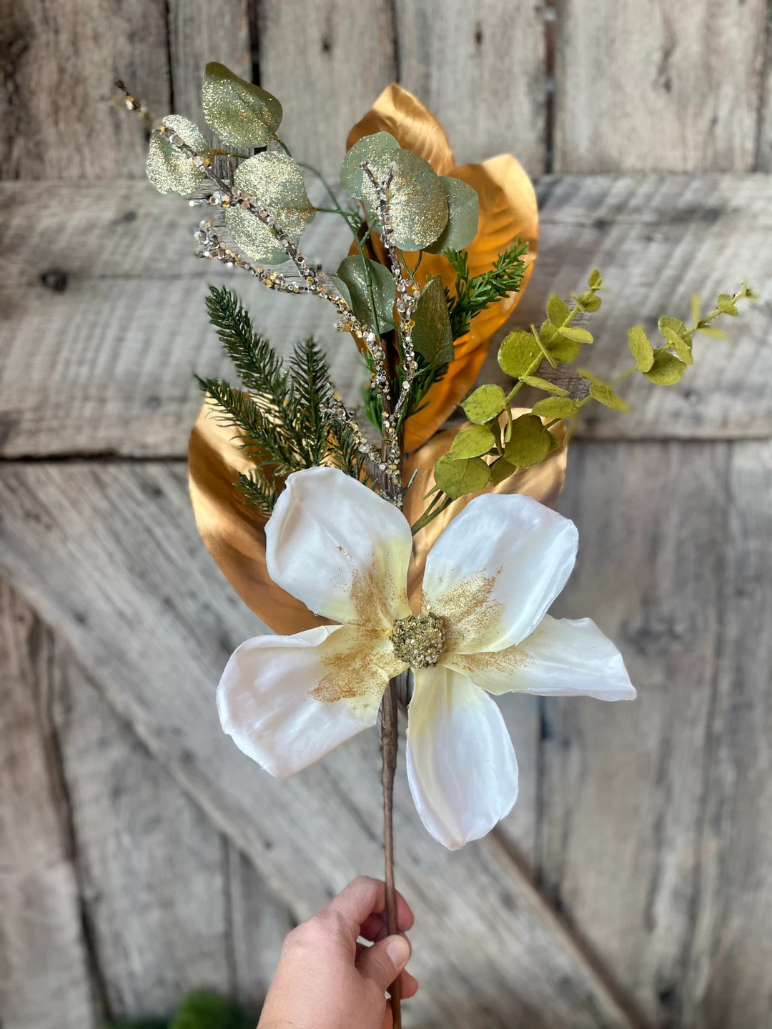 29" White Artificial Magnolia Spray, Christmas Spray, Christmas Picks and Stems, Gold Spray, Magn... | Etsy (US)
