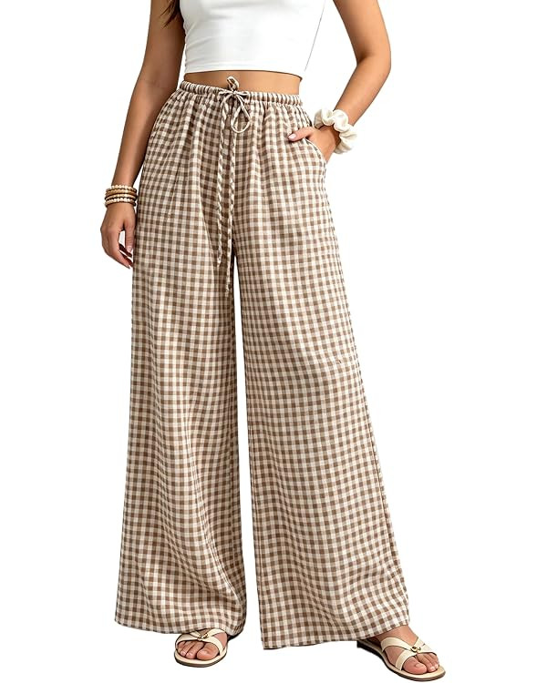 Duyang Women's Striped Gingham Pants Wide Leg Lounge Pant Casual Plaid Bottoms Checkered Elastic ... | Amazon (US)