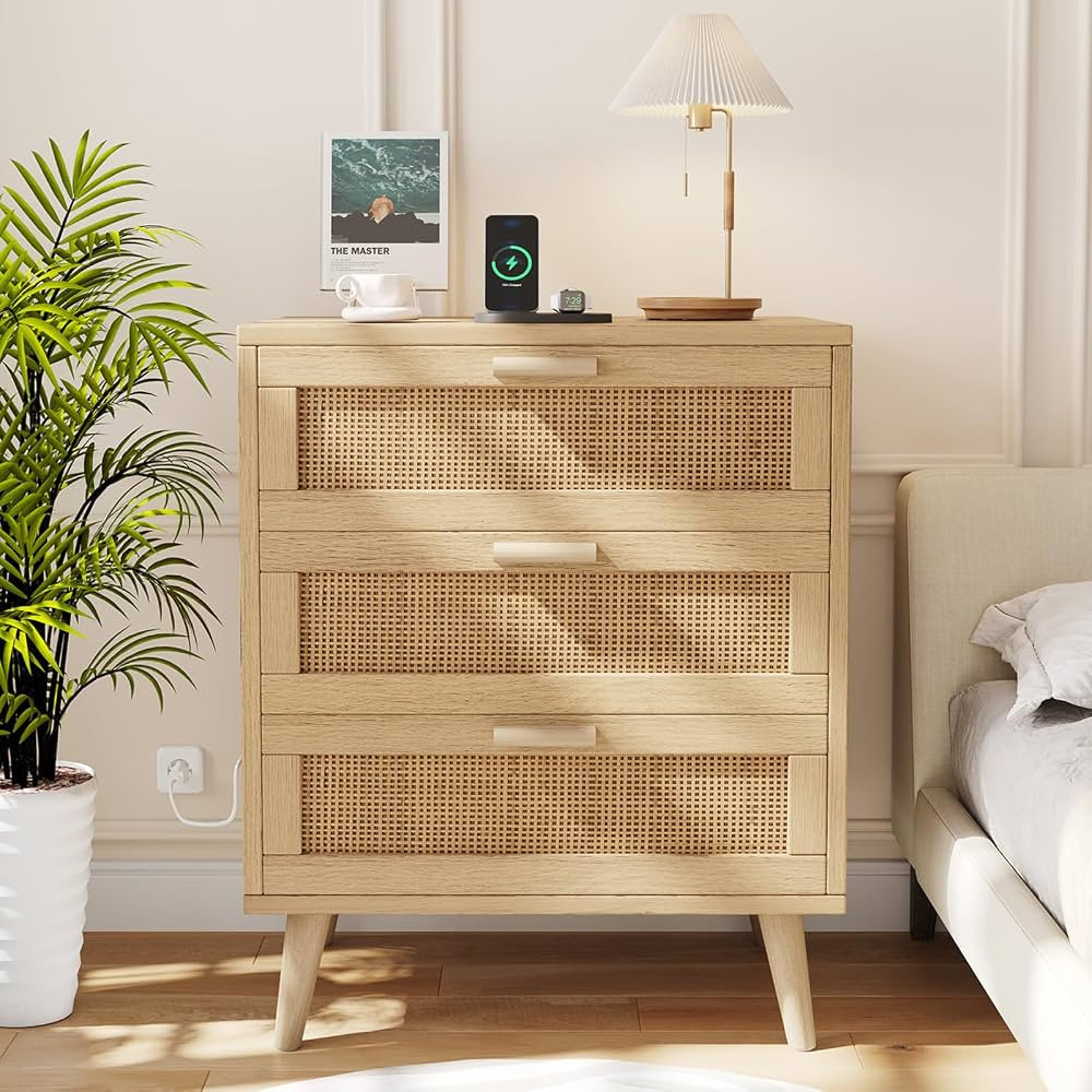 Rovaurx Rattan Nightstand with Charging Station, Night Stand with 3 Drawers, 28.5 Inch Bedside En... | Amazon (US)