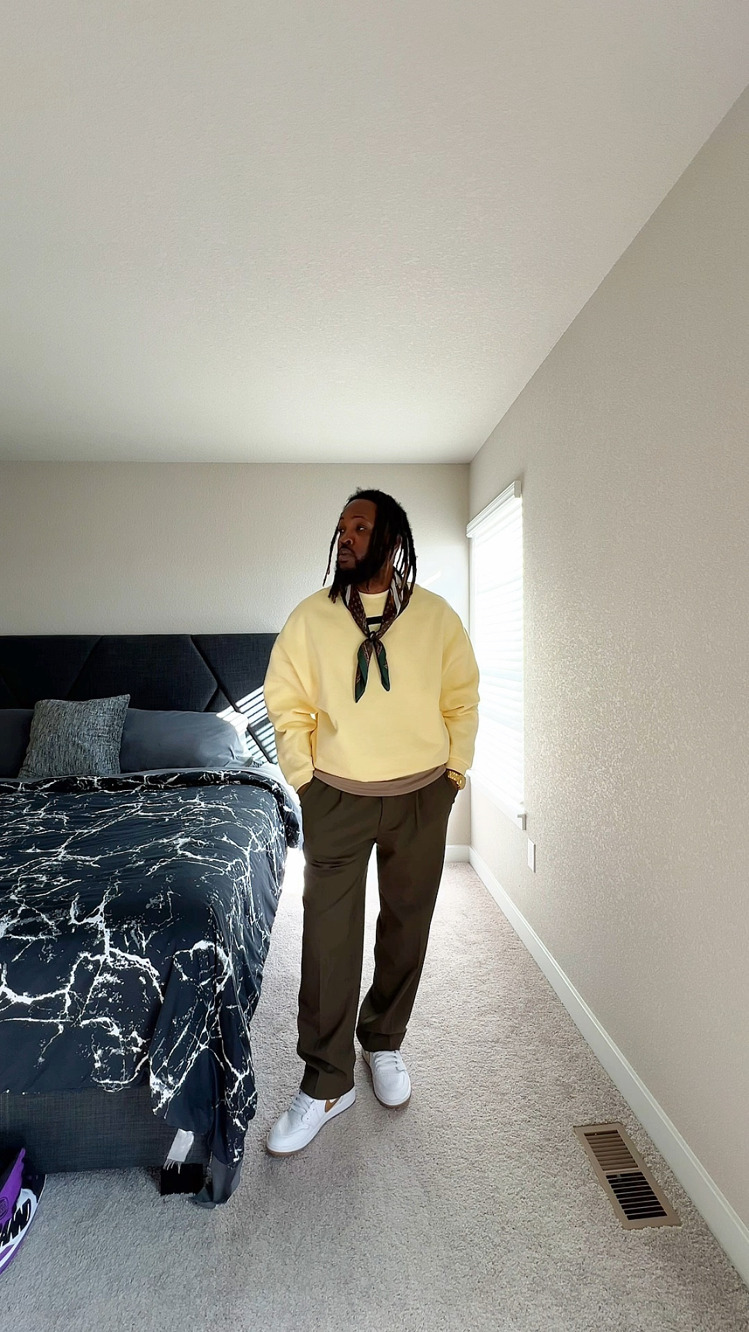 I love bringing the spring colors in. Try out this look.
- Fear of God Essentials Crew Neck
- Uniqlo Wide Leg Pleated Trousers
- Silk Scarf from Fashion Nova
- Jordan 1 White And Gold from Nike

#casualstreetwear #mensfashion #mensspringlook #mensstreetwear #streetwearfashion #LTKmen