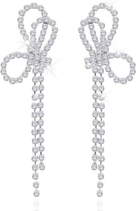 Rhinestone Bow Earrings for Women Bow Drop Earrings for Girls Silver Sparkly Bow Dangle Earrings | Amazon (US)