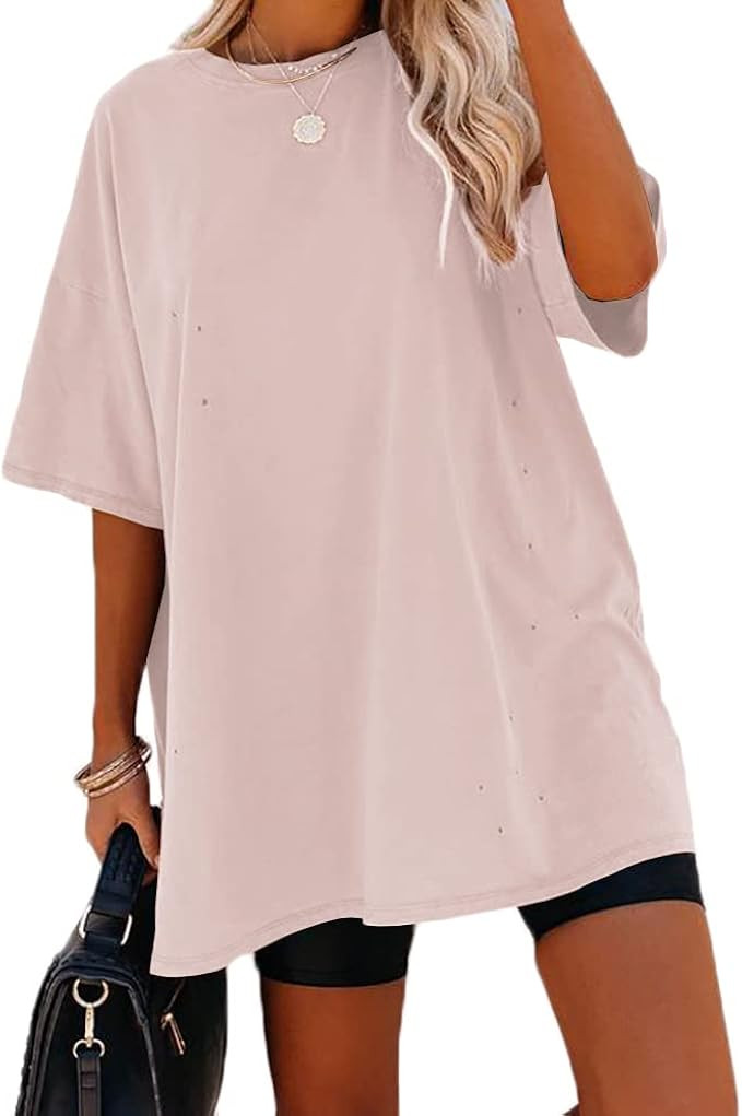 NIUBIA Women's Oversized Crew Neck Tee Solid Color Short Sleeve T-Shirt with Hole Loose Tops Pink | Amazon (US)