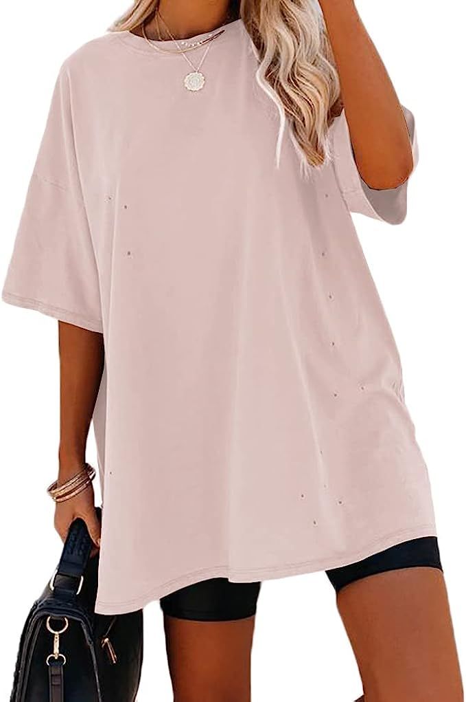 NIUBIA Women's Oversized Crew Neck Tee Solid Color Short Sleeve T-Shirt with Hole Loose Tops Pink | Amazon (US)