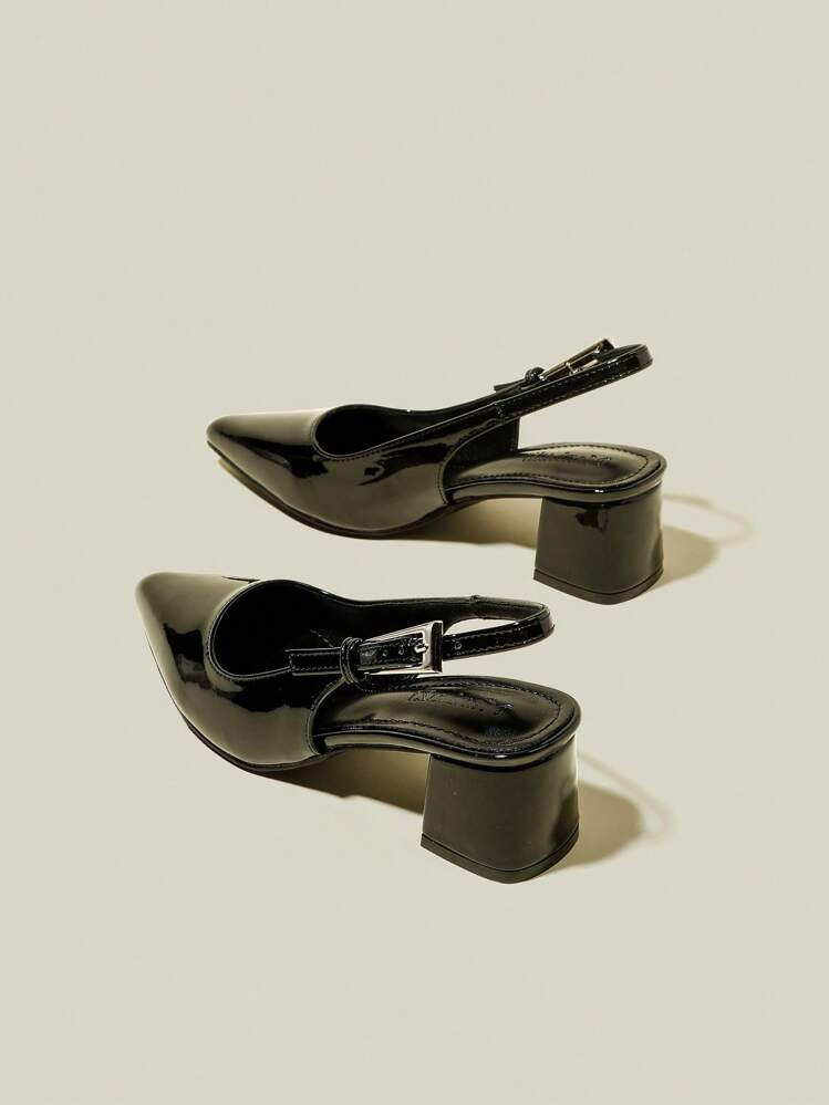 Women's Black Patent Leather Pointed Toe Strap Thick Heel High Heels, Elegant Pointed Toe Formal High Heels, Fashion Open Toe Ankle Strap High Heels | SHEIN