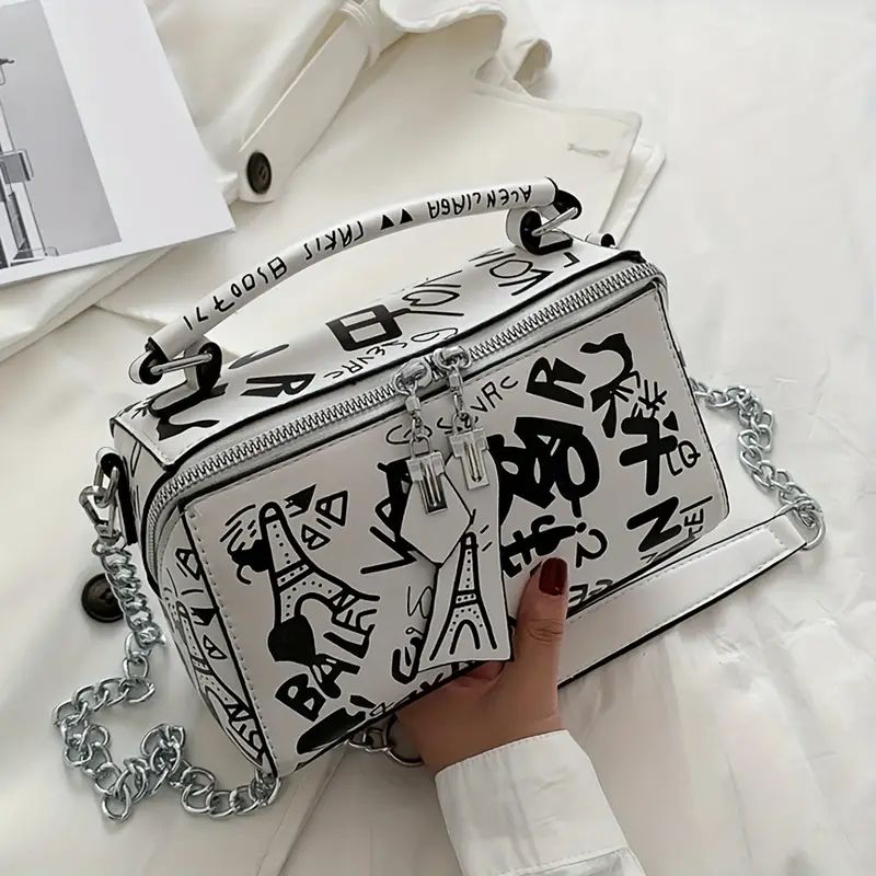 Graffiti Handbags For Women, Trendy Chain Crossbody Bag, Small Zipper Box Purse | Temu Affiliate Program
