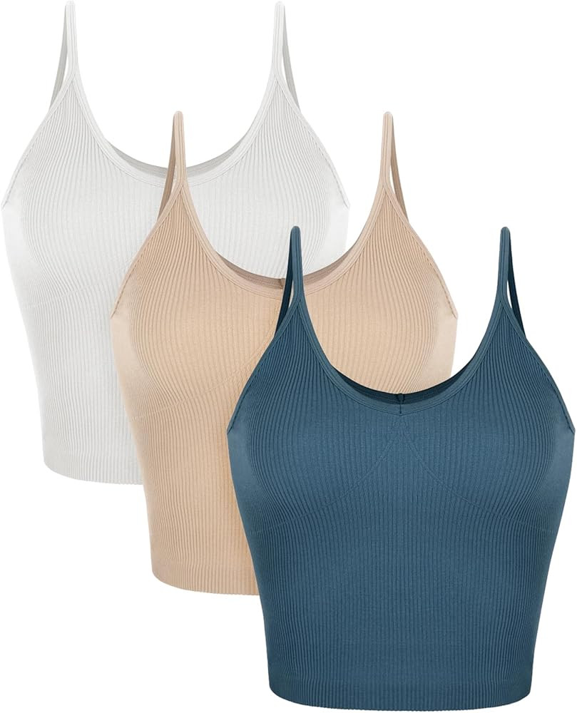 ODODOS 3-Pack V Neck Seamless Crop Tank for Women Ribbed Knit Soft Cropped Camisole Tops | Amazon (US)