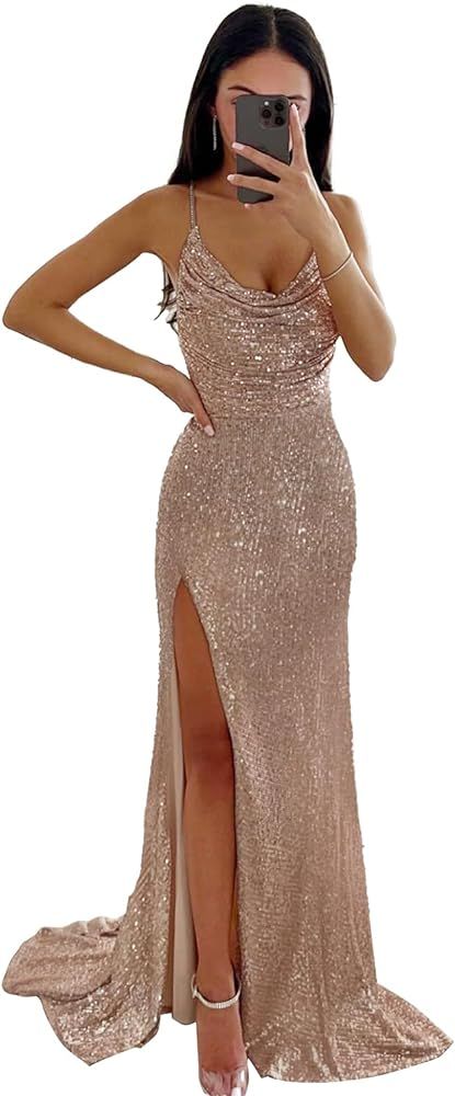 LANGKAAO Mermaid Prom Dresses for Women with Slit Sparkly Sequins Cowl Neck Formal Evening Party ... | Amazon (US)