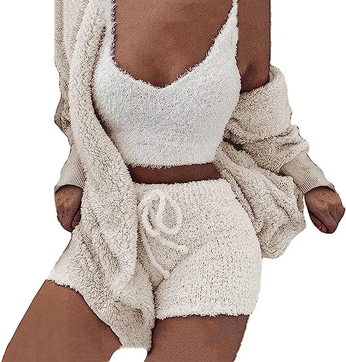 A ADILACA Womens Sexy Warm Fuzzy Fleece 3 Piece Outfits Pajamas, Open Front Cardigan Sleeveless T... | Amazon (US)