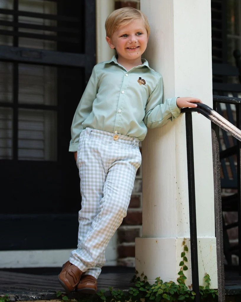 Turkey Embroidered Sage Green Pants Set | Smockingbird Kids