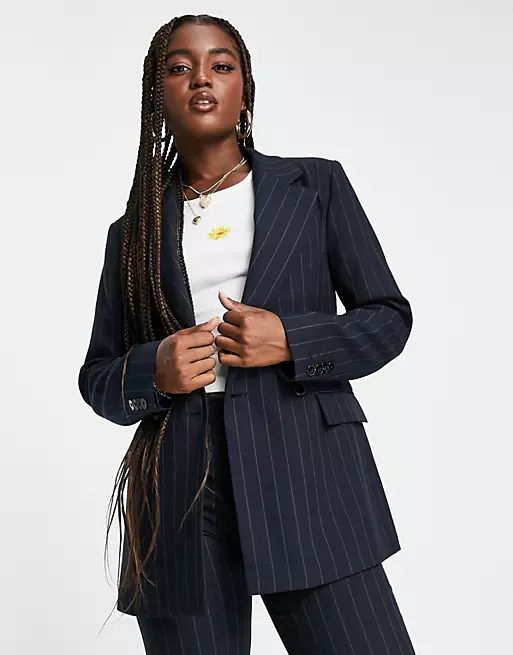 Pull&Bear – Zweireihiger Blazer in Marineblau mit Nadelstreifen, Kombiteil | ASOS | ASOS (Global)