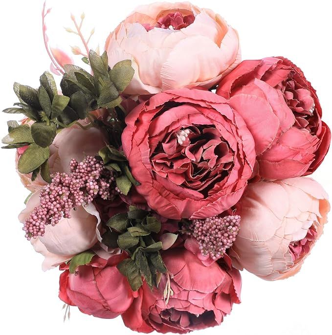 Luyue Vintage Artificial Peony Silk Flowers Bouquet Home Wedding Decoration (Dark Pink Bud) | Amazon (US)