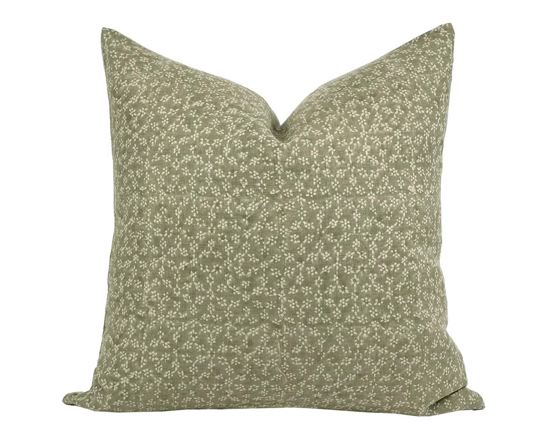 MAISIE | Designer Olive Green Linen Pillow Cover, Block Print Pillow, Sage Green Pillow, Floral P... | Etsy (US)