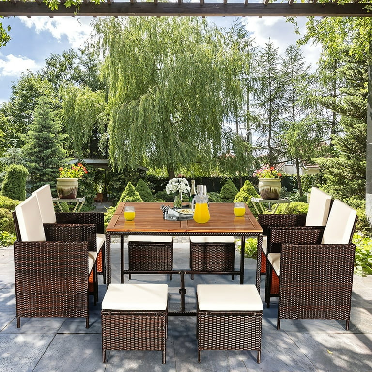 Costway 9PCS Patio Rattan Dining Set Cushioned Chairs Ottoman Wood Table Top White | Walmart (US)