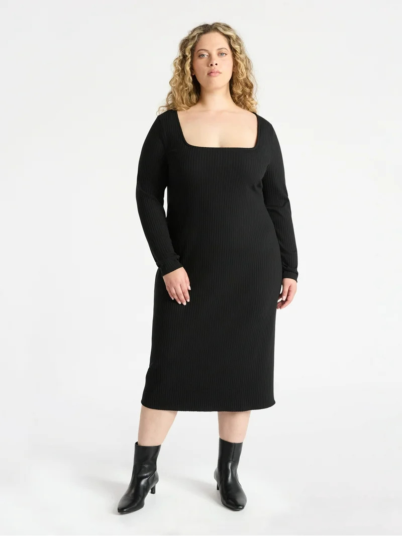 Terra & Sky Women's Plus Long Sleeve Ribbed Midi Dress, Sizes 0X-5X | Walmart (US)