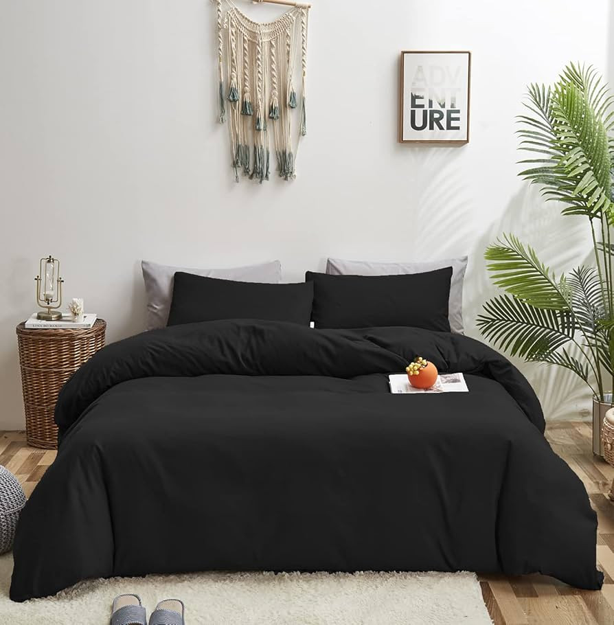 KAREVER Black Fluffy Comforter Queen Black Linen Bedding Set Pure Black Queen Comforter Soft Dura... | Amazon (US)