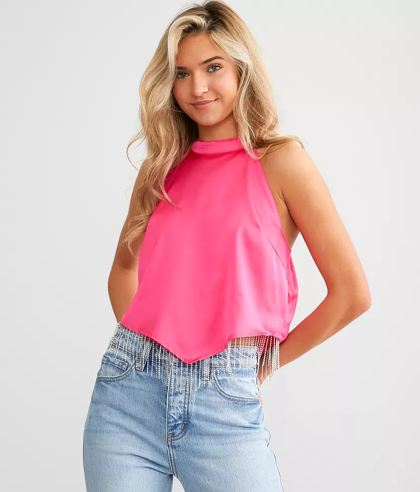 Blue B Rhinestone Fringe Satin Cropped Tank Top | Buckle