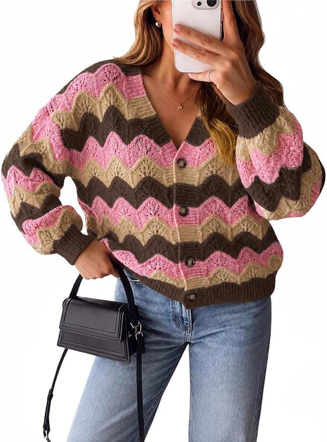 Saodimallsu Womens Oversized Striped Cardigan Button Down V Neck Long Sleeve Color Block Chunky K... | Amazon (US)
