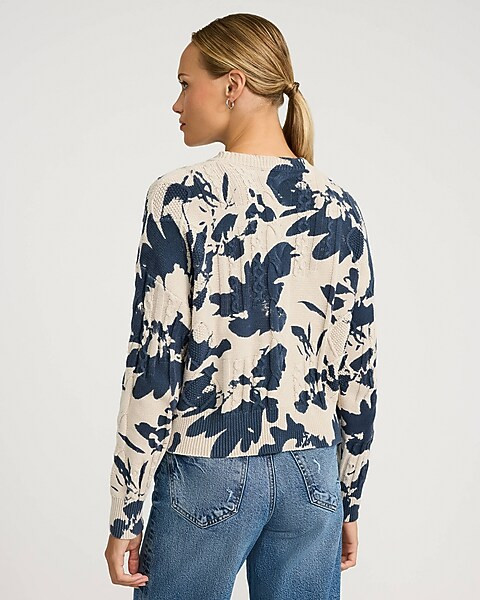 Cable Knit Floral Crew Neck Sweater | Express