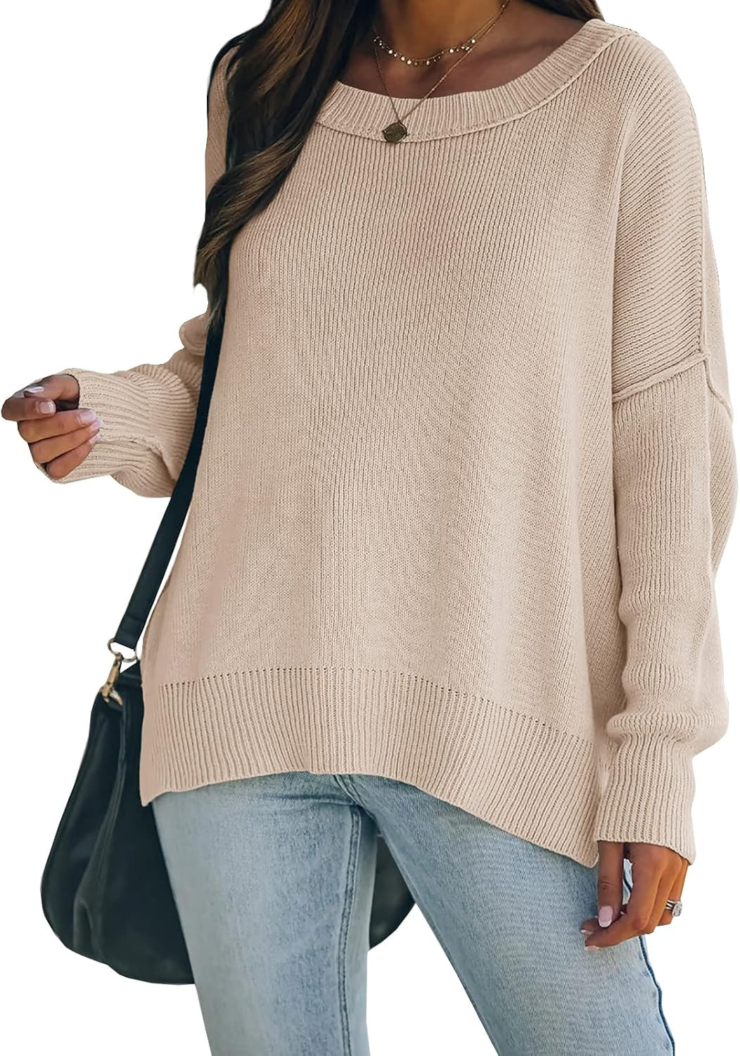 Wenrine Womens Oversized Sweaters Boat Neck Long Sleeve Side Slit Casual Knit Pullover Sweater To... | Amazon (US)