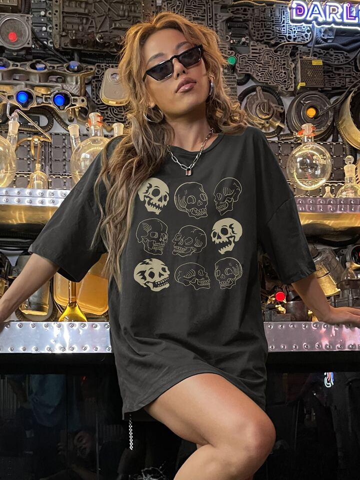 SHEIN Coolane Skull Print Drop Shoulder Tee | SHEIN
