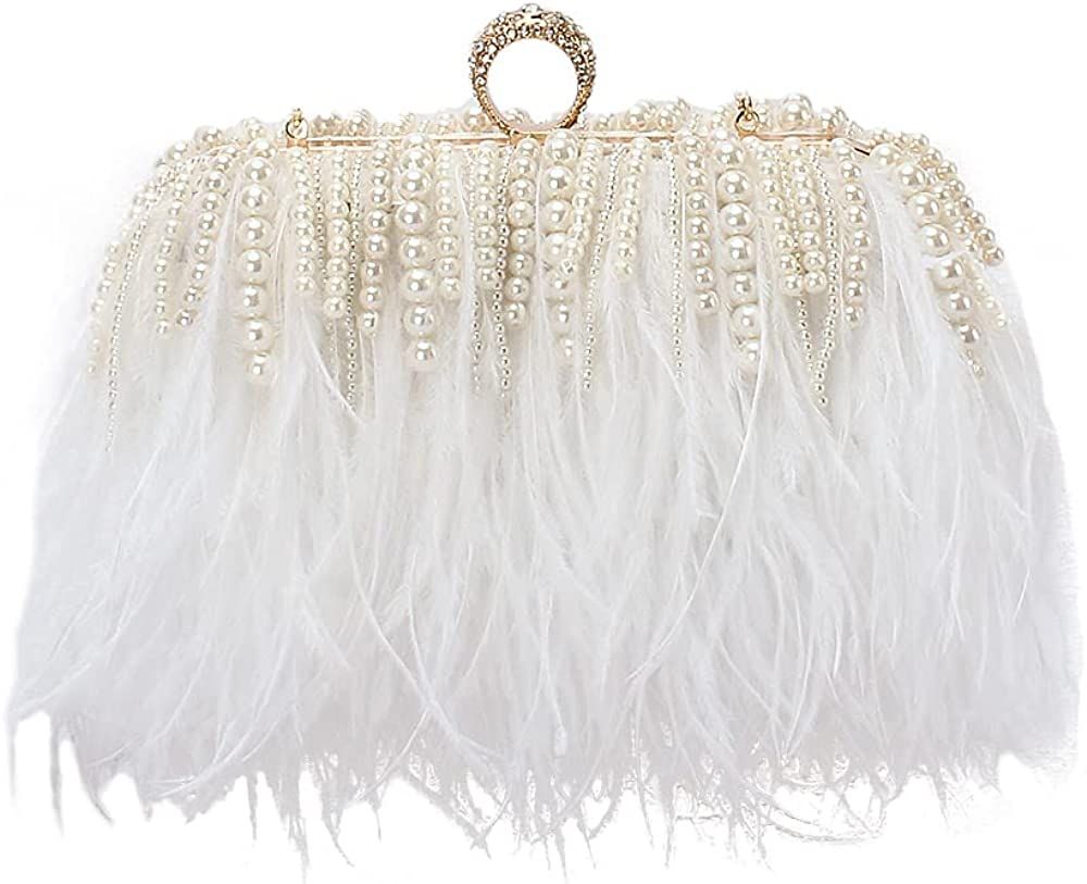 Women Real Natural Ostrich Feather Evening Bags Purses Clutch Vintage Banquet Handbag | Amazon (US)